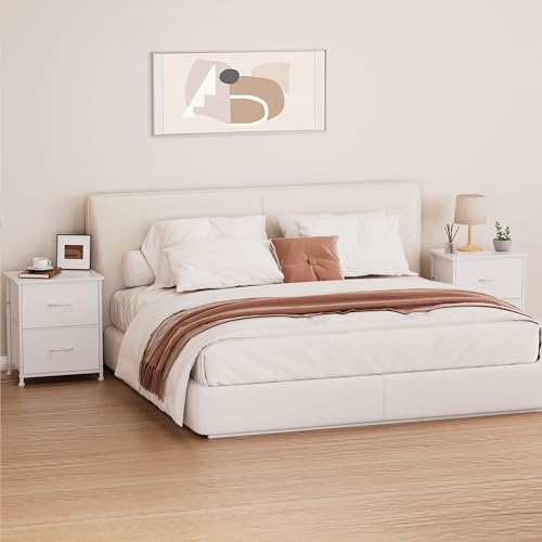 Unionly, Nightstand with Drawer, 2 Drawers Dresser for Bedroom, Small Night Stand and Dressers Sets with 2 Fabric Drawers, Mini Dressers for Entryway, End Table with Drawer for Living Room, White