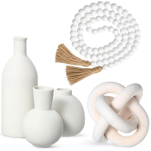 Ferrochef 5 Pieces Country Style Ceramic Vase Set Table Centerpieces for Living Room 3 Pcs Bohemian Style Ceramic Vases with Wood Knot Chain Rings, Wooden Bead Garland Tassel Table Decor (White)