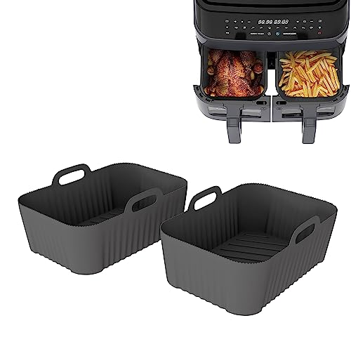 LOBUK 2PCS Silicone Air fryer liner for Ninjas Dual Air Fryer, Reusable Double Air Fryer Silicone Air Fryer Basket BPA Free Air Fryer Rack Accessories for Air Fryer, Oven (Rectangle-Grey)