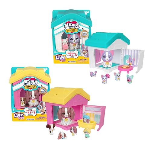 Little Live Pets Famílias surpresa casa da mãe, pacote de bulldogs franceses e spaniels, 2 casas com cachorros, cada mãe tem 4-6 bebés, conjunto de jogo suspenso, mais de 80 para colecionar