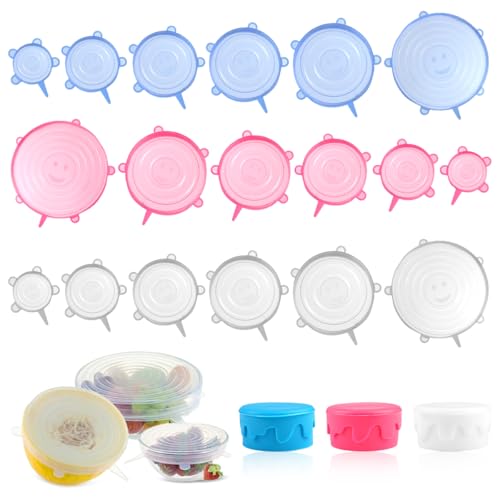 18 Pezzi Coperchi Estensibili in Silicone, 19/16/14/11.5/9/6cm Rotondi Coperchi Elastici in Silicon, Senza BPA Coperchio Universale Silicone, per Alimenti, Ciotole, Tazze, Lattine e Frutta, Bottiglie