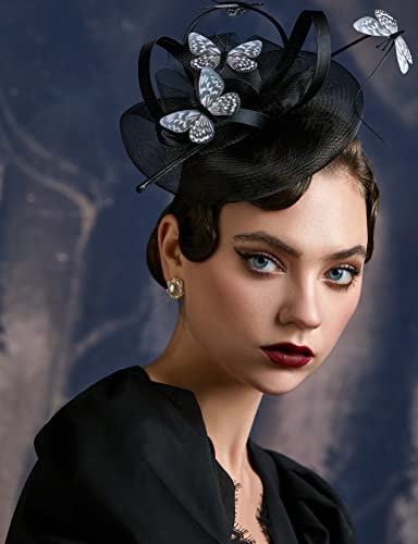 Coucoland Butterfly Fascinator Hat Cocktail Tea Party Fascinator Headband Derby Butterfly Headpiece (Black) #TOP2