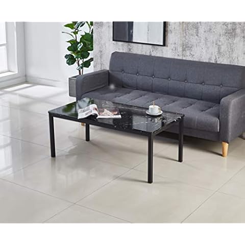 Modernique Marble Effect Coffee Table in Black, Brown, Grey. MDF Laminated with Polished Solid Black Metal Frame, Gloss Finish Table Top (Black) Cover