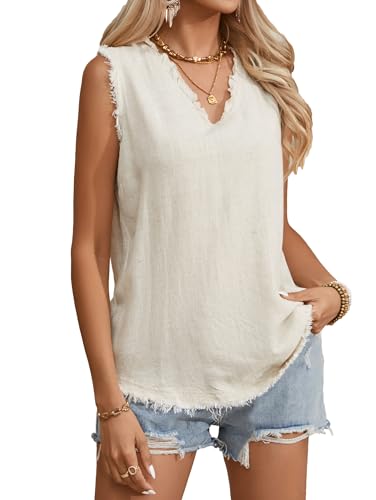 Famulily Womens Sleeveless Ruffled V Neck Tops Summer Linen Tank Tops Solid Color Raw Edge Hem Camisoles