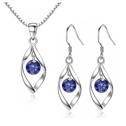Zolkamery Schmuckset Silber 925 Damen, 925 Sterling Silber Twist Halskette & Ohrhänger Set mit Saphirblau 5A Zirkonia, Damen Tropfen Mode Schmuck Set Silberkette & Haken Ohrringe Hängend für Mädchen