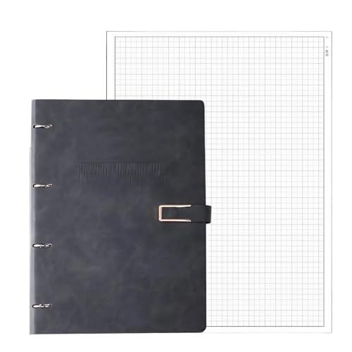 Cuaderno de medición A4 de piel negra con carpeta de 6 anillas y 120 hojas de cuadrícula