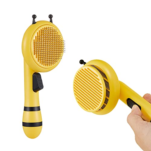 Cats Shedding & Grooming Slicker Brush Self Cleaning Dogs Brush Hair, Easily Removes Loose Undercoat Tangles Hair, with 184 Massage Needles (Yellow Bee)