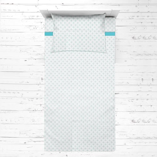 Bacati - 3 Piece Girls Toddler Bed Sheet Set Includes Fitted Sheet, Top Sheet, and Pillow Case 100% Cotton Muslin (Aqua Petals)