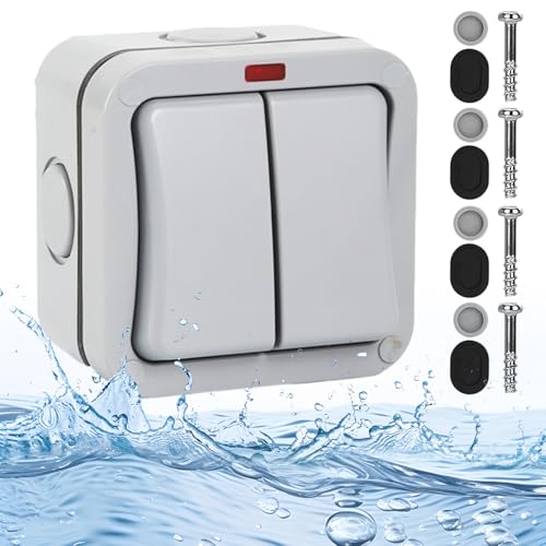 Sporgo Universalschalter Wetterfester Schalter Doppelschalter, 20A IP66 Wasserdicht Schalter mit Unabhängigem Schalter Und Kontrollleuchte, Grau Aussen Switch Lichtschalter für Outdoor Garten Balkon