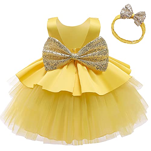 Taufkleid Kinder Baby Mädchen Blumenmädchenkleider Ärmellos Rückenfrei Pailletten Bowknot Prinzessin Tütü Tüllkleid Festliches Hochzeit Geburtstag Partykleid Abendkleid+Stirnband Gelb 2-3 Jahre Cover