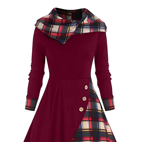 Image of Womens Vintage Gothic Steampunk Dress Casual Plaid Patchwork Button Hooded Dress Retro Rockabilly Punk Hippie Dresses