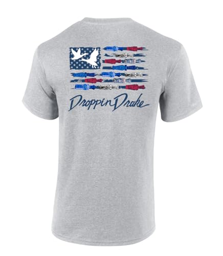Droppin Drake Southern Apparel Co Mens Droppin Drake Red White & Blue Lettering Duck Call USA Flag Mens Short Sleeve T-Shirt-Sport Grey-Medium