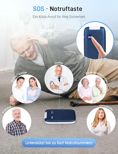 TRUE S70 Seniorenhandy Klapphandy ohne Vertrag, 2G Handy mit großem 2,8 Zoll Farbdisplay, Sturz-Notruf, SOS Notruftaste, extra laut, großen Tasten, Schnellwahl, Schrittzähler, Ladestation, Blau – Bild 5