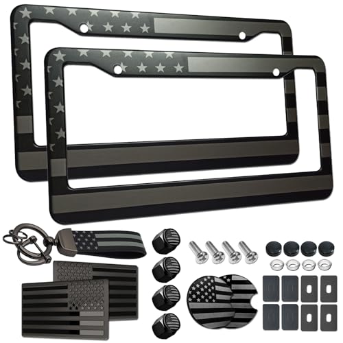 ZXFOOG American Flag License Plate Frames- Black Stainless Steel Patriotic USA Flag Car Tag Holder with Screws Bonus Metal Sticker Keychain Coaster & Valve Stem Caps