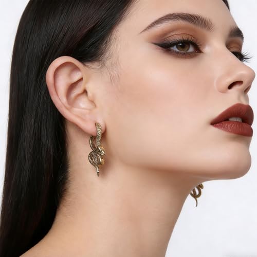 HZMAN Gothic Snake Earring Stainless Steel Punk Hip Hop Green Eye Animal Snakes Piercing Earrings Party Jewelry Gift for Men Women (Gold) by HZMAN - Used condition - Image 2
