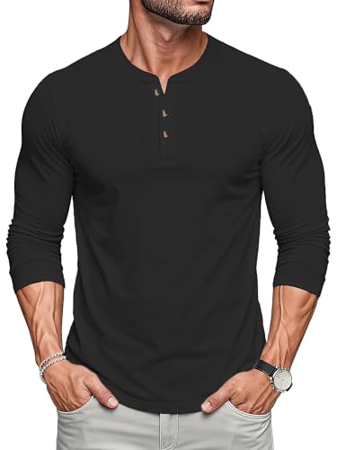 MAGCOMSEN Long-Sleeve T-Shirts Mens Henley Plain T Shirt Cotton Lightweight Shirt Soft Work Tshirt,Black,2XL