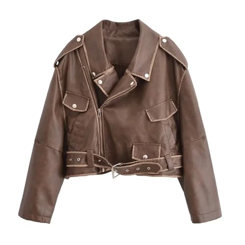 Mkjuuior Chaqueta de invierno para mujer con diseño de solapa de cinturón, corta, de piel sintética, para motocicleta, marrón, M