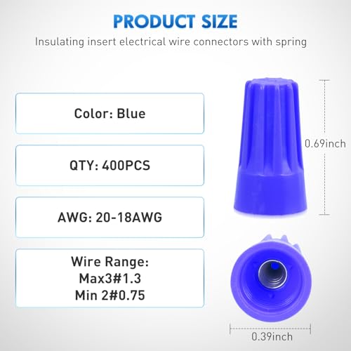 Image of Nilight 400PCS Blue Wire Connectors Kit 20-18 AWG Electric Wire Caps Insulating Insert Twist Electrical Wire Terminal with Spring for Connect Electrical Wiring Automotive Car Truck Boats Marine