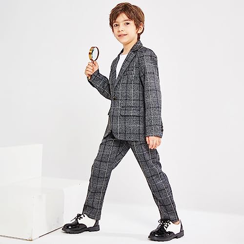 Kids Boys Plaid Suit Fashion Blazer Pants Set 2 Piece Formal Wear Outfit For Wedding(Grey, 8-9) #TOP3