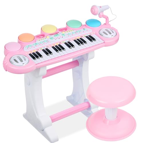 Best Choice Products 37-Key Kids Electronic Musical Instrument Piano Learning Toy Keyboard w/ Multiple Sounds, Lights, Microphone, Stool - Light Pink