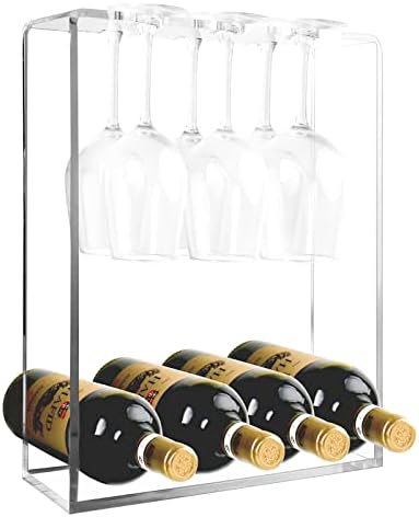 Cutora Wine Rack for Countertop Clear Glass Bottle Rack Acrylic Display Organizer 4 Wine Storage Shelf 6 Glass Hooks for Kitchen Pantry Cellar Bar Wedding, Rectangular