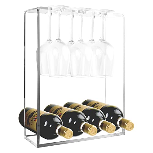 Cutora Wine Rack For Countertop Clear Glass Bottle Rack Acrylic Display Organizer 4 Wine Storage Shelf 6 Glass Hooks For Kitchen Pantry Cellar Bar Wedding, Rectangular #TOP8