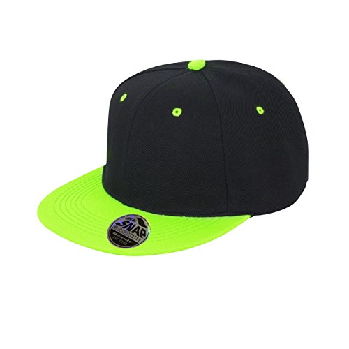 Result Unisex Core Bronx Original Flat Peak Snapback Dual Color Cap (One Size) (Black/Lime Green)