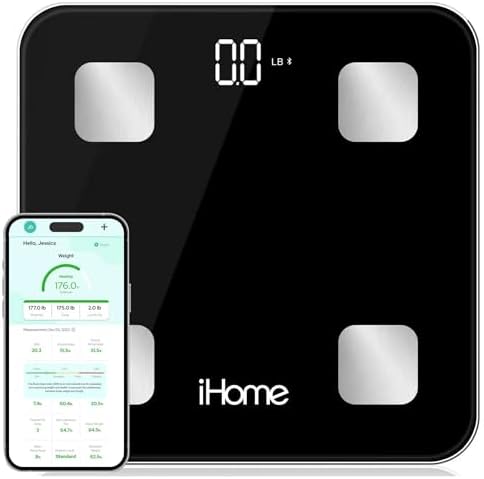 iHome Digital Bluetooth Smart Scale for Body Weight, Weight Scale, Including BMI, Body Fat, Muscle Mass, Batteries Included (Black Smart Bluetooth)