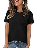 Crewhpo Camiseta Mujer Manga Corta Cuello Redondo Básica Top con Bolsillo Elegante Túnica Blusas Verano Camisetas Sólido Casual Ligera