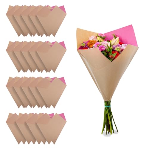 the florist Supply Teak Prefold 20 Pack, 17 x 2.75 x 18 Inch Waterproof Floral Paper Sleeves, FSC® Certified Recycled Kraft Paper, Gift-Ready for Wedding, Birthday, Holiday, Pink