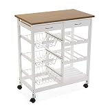 DISEÑO VERSÁTIL - Con el carrito de cocina, obtendrá un poco más de espacio de almacenamiento y superficie de trabajo en su cocina. Use la superficie para preparar la comida, almacenar cosas o simplemente para presentar la decoración. Los compartimentos de almacenamiento ofrecen un amplio espacio para almacenar. Los objetos redondos o menos estables se recogen bien en las cestas de metal. Los artículos más pequeños se pueden almacenar de forma ordenada en los dos cajones protegidos de la vista.