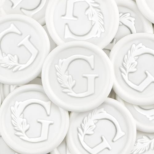 25Pcs White Wax Seal Stickers Handmade Vintage Botanical Leaves Adhesive Letter Wax Stickers for Wedding Party Invitations, Envelope, Gift Wrap, Christmas(Initial G, White)