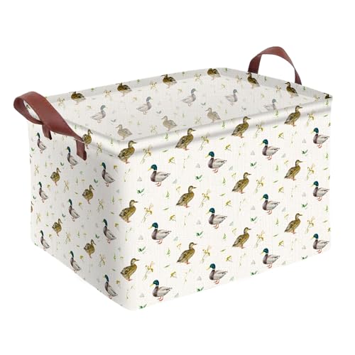 Image of Cute Mallard Duck Storage Basket Waterproof Canvas Toy Storage Bin Mallard Duck Room Decor Collapsible Outdoor Basket with Leather Handles Duck Decor Blanket Baskets For Closets,Bedrooms,Gifts Baskets