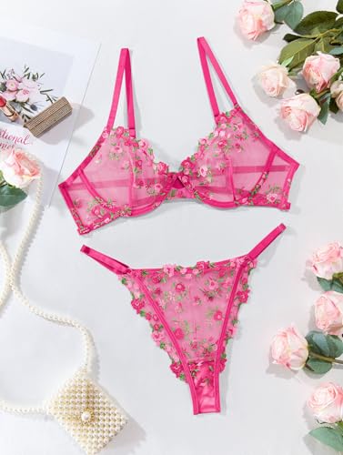 Image of Lilosy Sexy Floral Embroidered Mesh Sheer Underwire Lingerie Set
