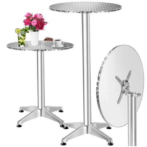 TecTake® Mesa de Bar Bistró en Aluminio, Ajustable a 2 Alturas: 75 o 115 cm, Mesa Alta Bar con Tablero Ø: 60 cm, Mesa Auxiliar Plegable, Mesa Cocina, con Tablero Revestido en Acero Inoxidable Pulido