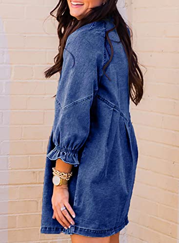 Image of Sidefeel Womens Smocked 3 4 Sleeve Button Down Denim Jeans Dresses