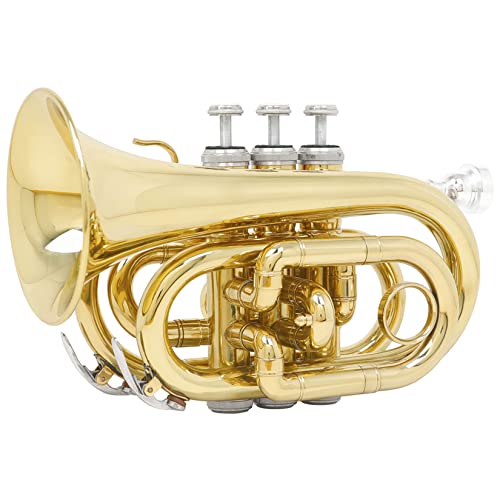 Fiunkes Eb Pocket Trumpet Full Kit, Professional Pocket Trumpet Woodwind Instrument, Gold Lacquer Mini Trumpet Musical Instrument In E Flat For Beginner/Students/Performance, Gorgeous Sound #TOP21