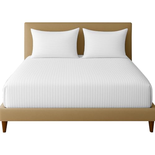 Image of Trance Home Linen Cotton 300Tc Satin Stripe King Fitted Bed Sheet With 2 Pillow Covers (78 X 72 Inch, White), 300 tc