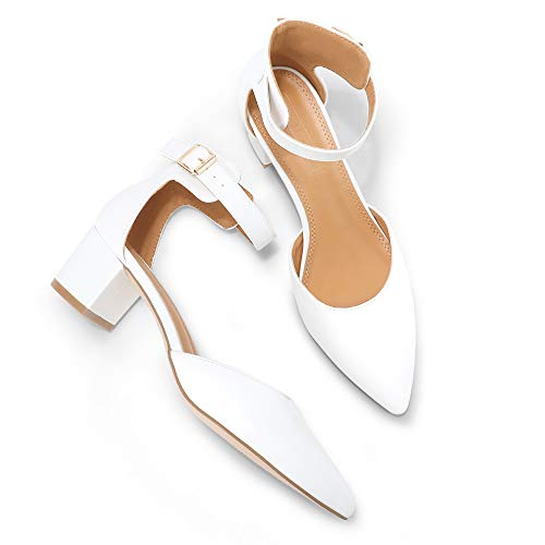 ShowHow Women's Low Block Heel Closed Pointed Toe D'Orsay Heeled Pumps Ankle Strap Dress Wedding Sandals Shoes White Pu… - Image 3