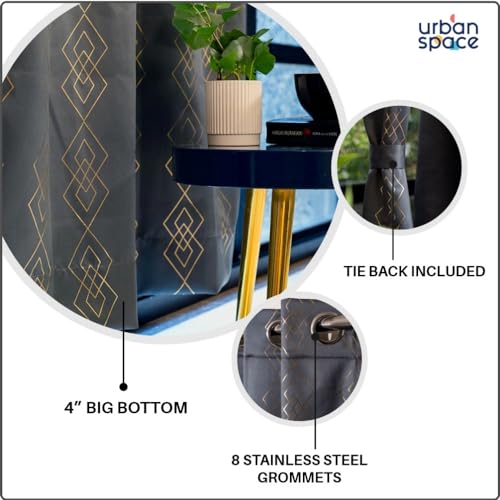 Image of Urban Space 80-85% True Blackout Curtains for Door, Gold Foil Printed Blackout Curtains, Blackout Decorative Door Curtain Eyelet with Tieback, 1 Piece Curtain for Living Room(Diamond Gray, 7 Feet)