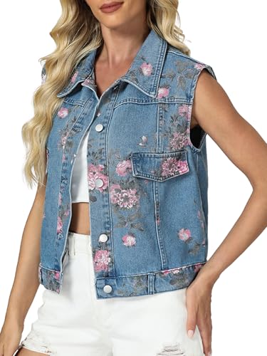 LifeShe Denim Vest Women Sleeveless Casual Floral Printed Jean Waistcoat Jacket