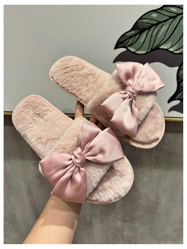 Women's Bow Knot Furry Fuzzy Slippers Open Toe Indoor Outdoor Bedroom House Slippers3