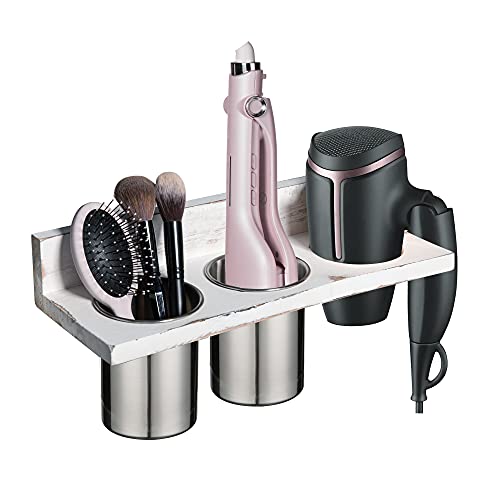 Hair Dryer Holder Wall Mount, Hair Tool Organizer, Curling Iron Holder, Blow Dryer Holder, Flat Iron Holder, Hair Brush Accessories Product Styling Tools Organizer Storage Bathroom, Rustic White ATOP