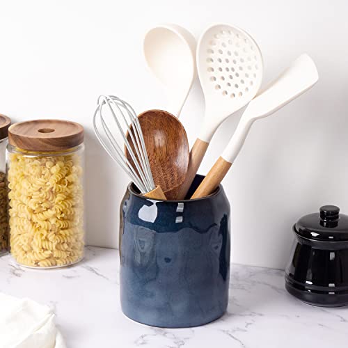 Tanirapel Porcelain Utensils Holder, Farmhouse Kitchen Utensil Crock For Countertop, Cooking Organizer Classic Design Kitchen Decor For Spoon Spatula Crock, Reactive Blue #TOP5