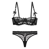 varsmiss Ultra-Thin Transparent Bra and Thong Set Lace Bow Half Cup Bra Set (Black,38D)