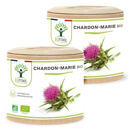 Chardon Marie Bio - Bioptimal - Complément Alimentaire - Dépuratif Naturel Détox Foie Digestion - 100% Pur - Silymarine Silybine - 300mg / Gélule - Fabriqué en France - Certifié Ecocert - 2x60 gélules