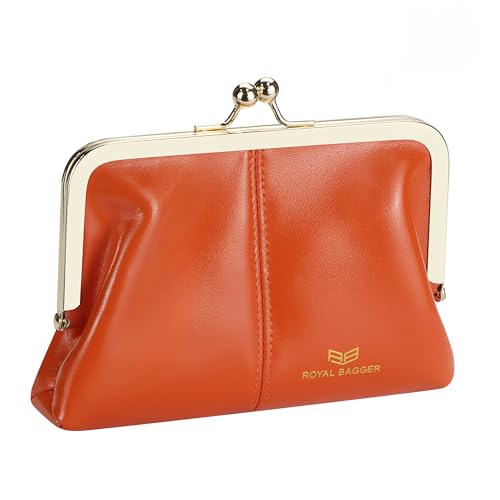 Royal Bagger Fashionable Genuine Leather RFID Blocking Women's Wallet with Kiss Lock, Card Slots and Zipper Coin Pocket 4120 (Orange)