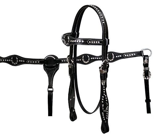 Showman Double Stitched Fully Tooled Leather Browband Headstall & Breast Collar Set W/Horse Shoe Conchos & Rhinestones W/Reins! New Horse Tack! (Black) #TOP21