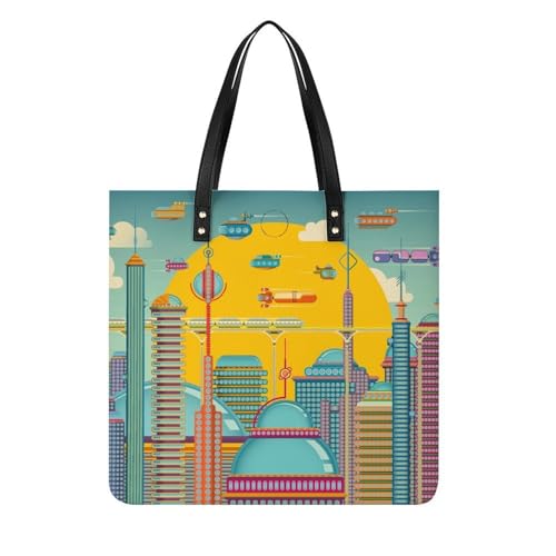 Sac à main shopper Ville Technologique pour femmes grand tote bag bandoulière voyage 39x39cm