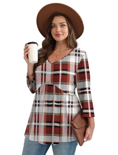 Image of OFEEFAN 3 /4 Length Sleeve Womens Tops 2026 Blouses for Women Dressy Casual Fashion Clothing V Neck Babydoll Tops Fall Outfits